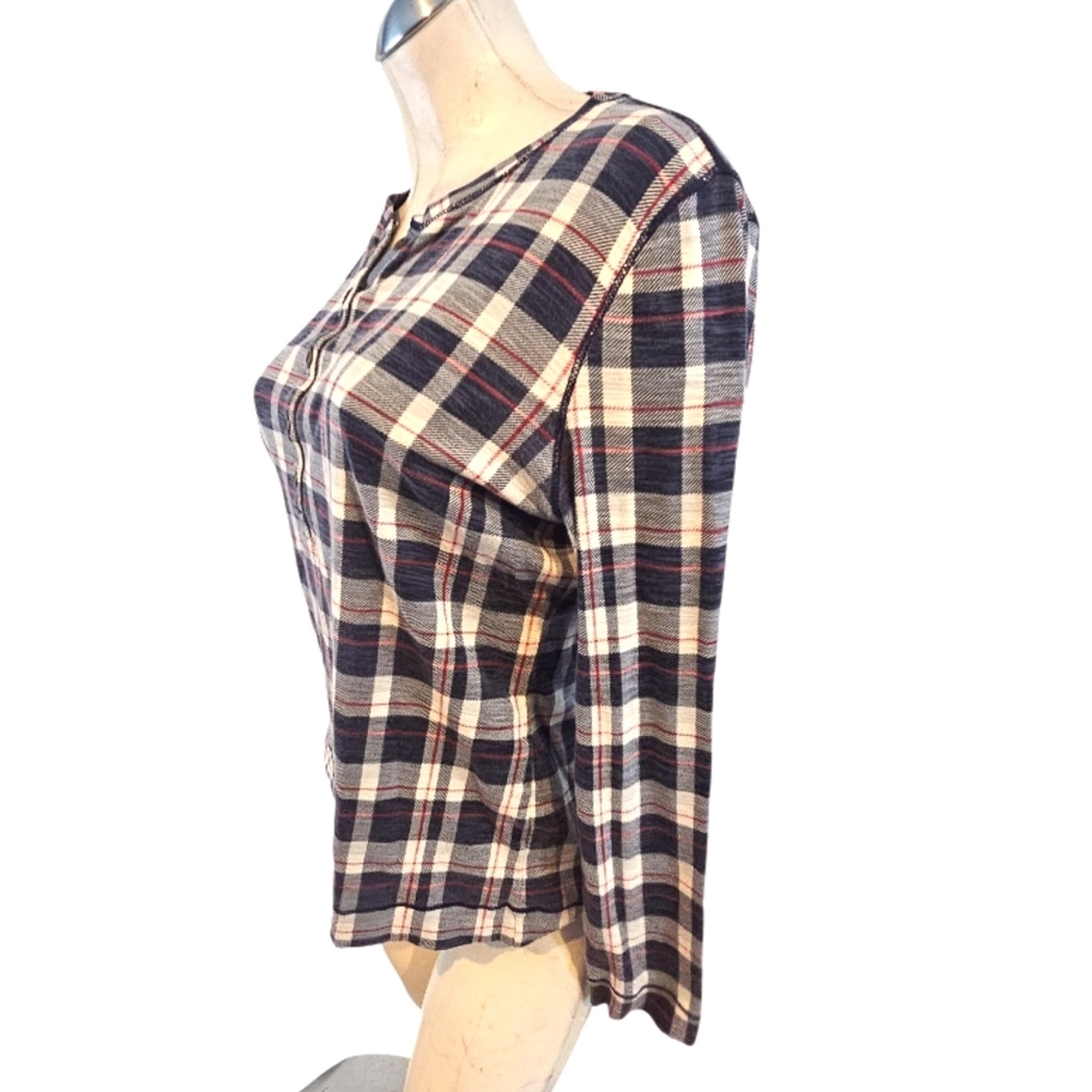 3/$25 Ralph Lauren Size L Navy and White Plaid Henley Top Shirt - Picture 3 of 5